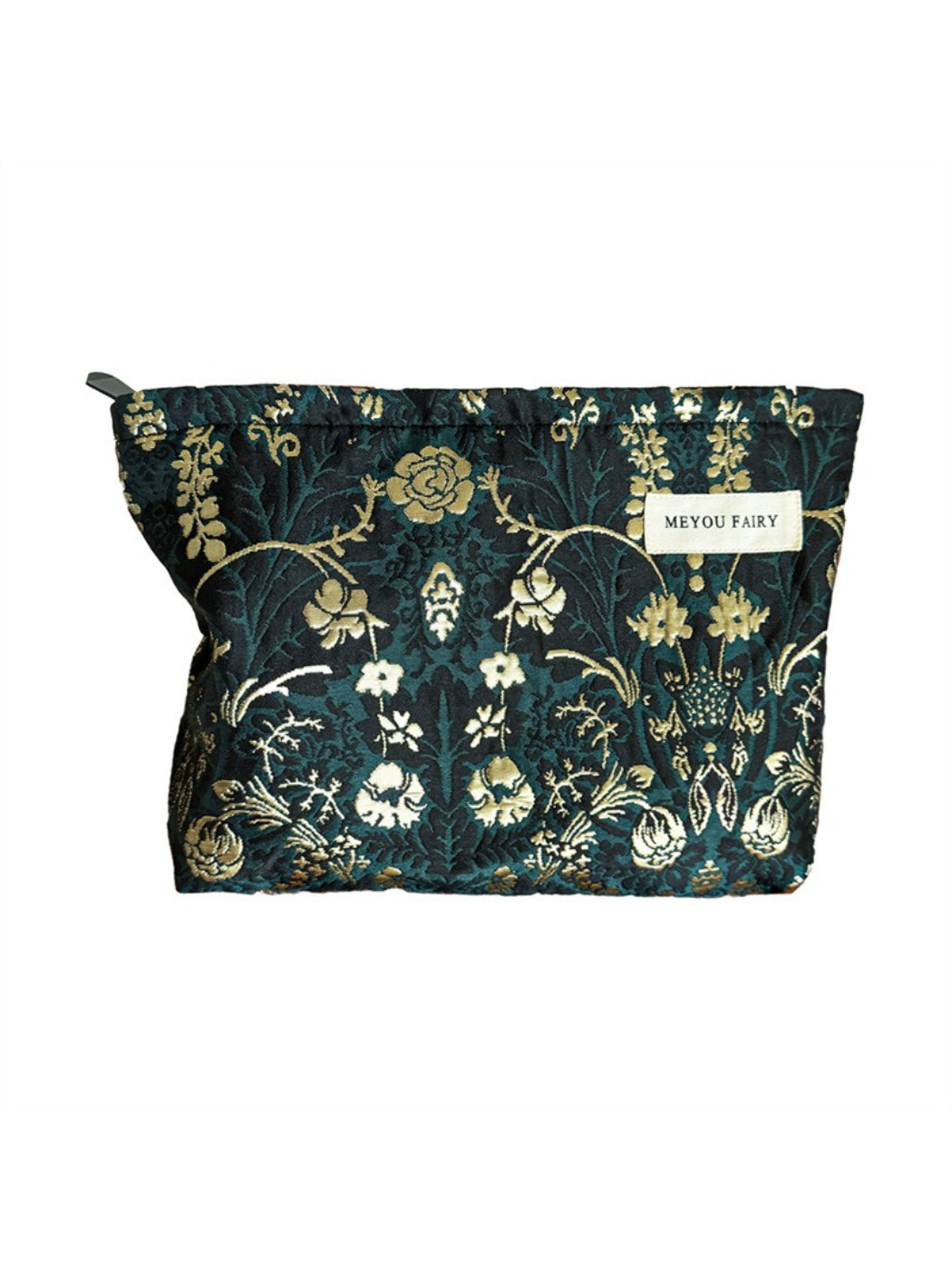 Cosbai dark floral cosmetic bag shown from a side angle highlighting its shape