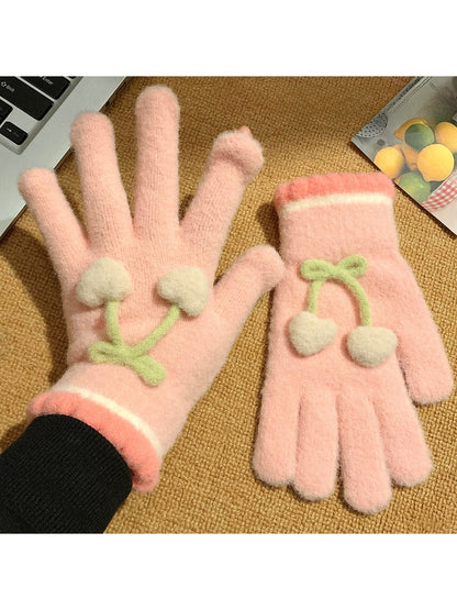 Gloving - Cherry Detail Five-Finger Winter Gloves