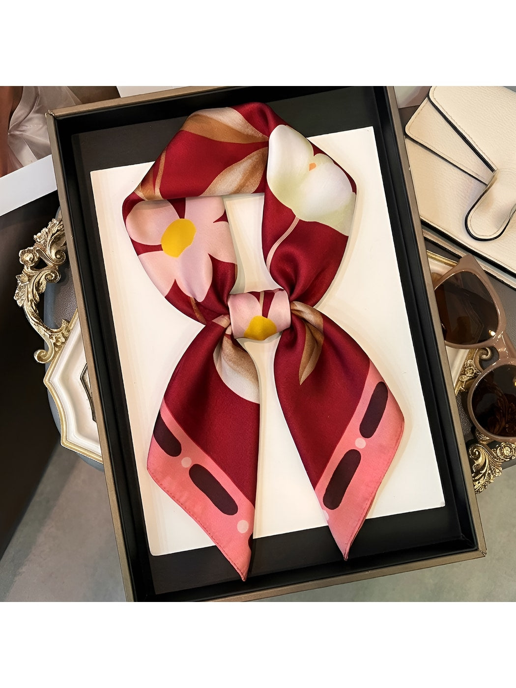 Scarvii - Minimal Floral Print Decorative Square Scarf