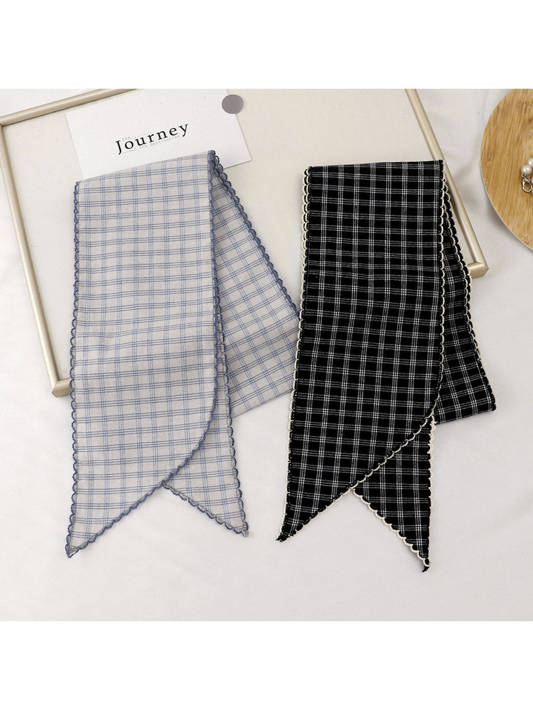 Scarvii - Checked Print Long Narrow Neck Scarf