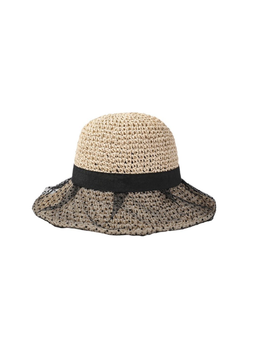 Side view of Haila black lace overlay straw look hat showing lace detail