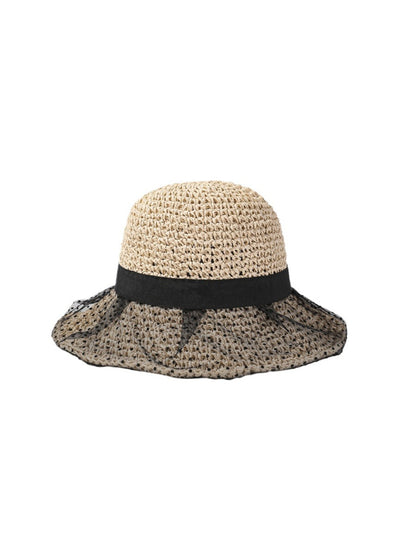 Side view of Haila black lace overlay straw look hat showing lace detail