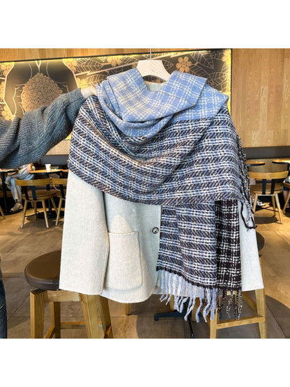 Scarvii - Contrast Panel Plaid Fringed Winter Scarf