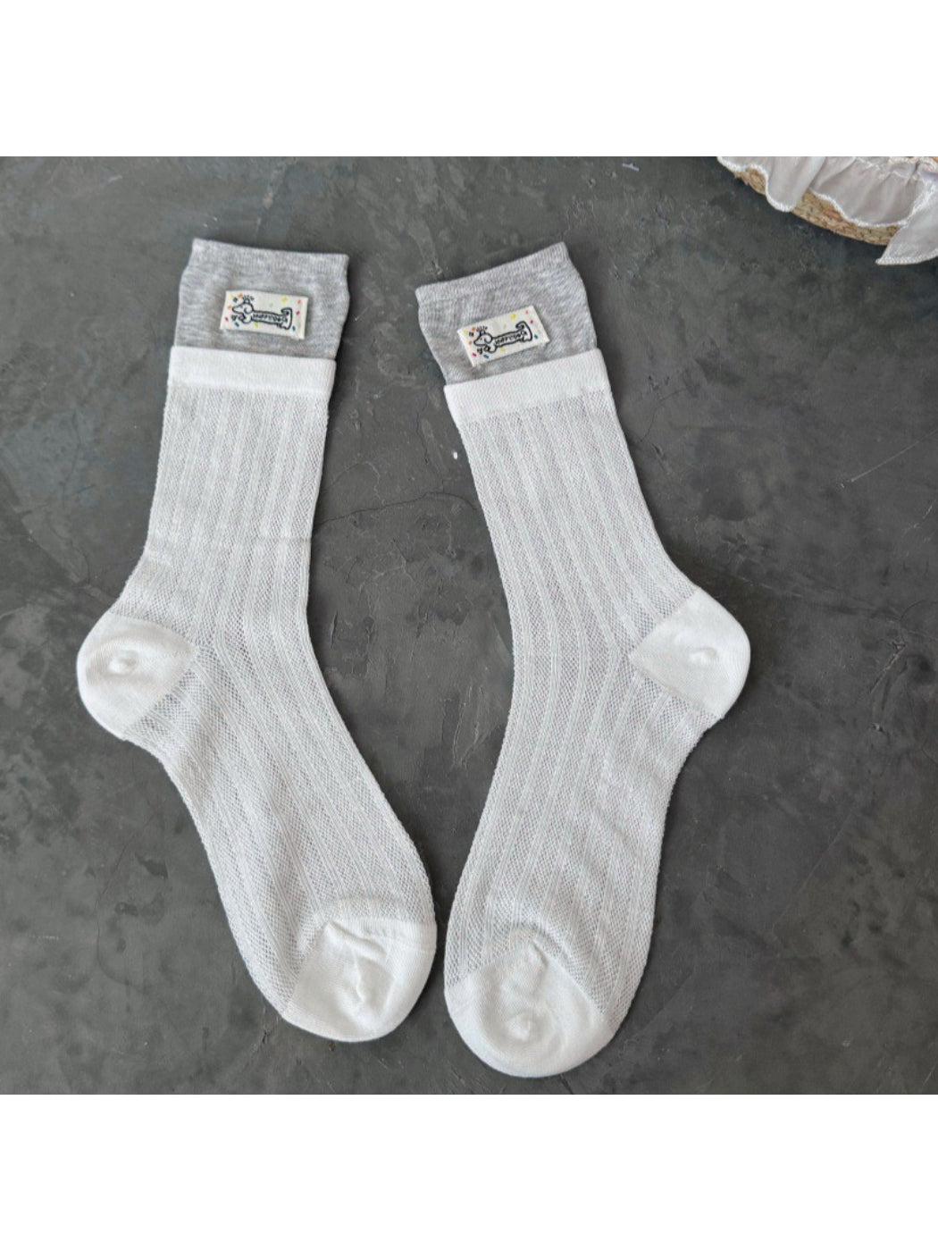 Rufia - Cartoon Dog Tag Mesh Color Block Double Cuff Socks