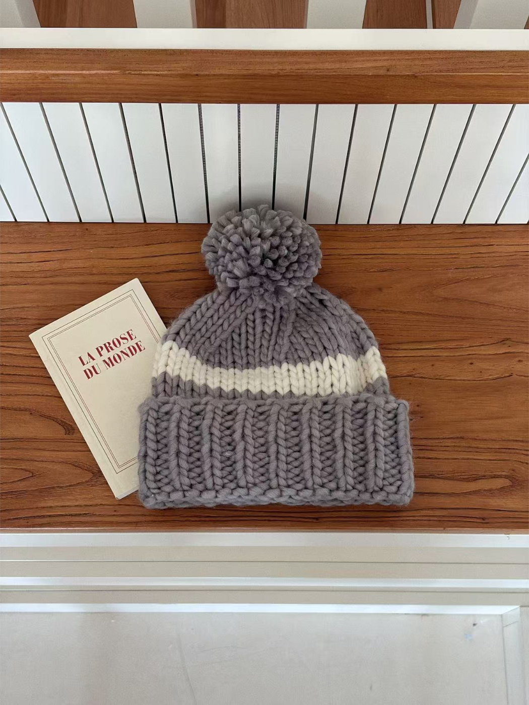 Haila - Contrast Stripe Chunky Knit Pom Pom Beanie