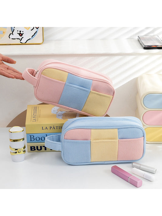 Cosbai - Color Block Corduroy Makeup Bag