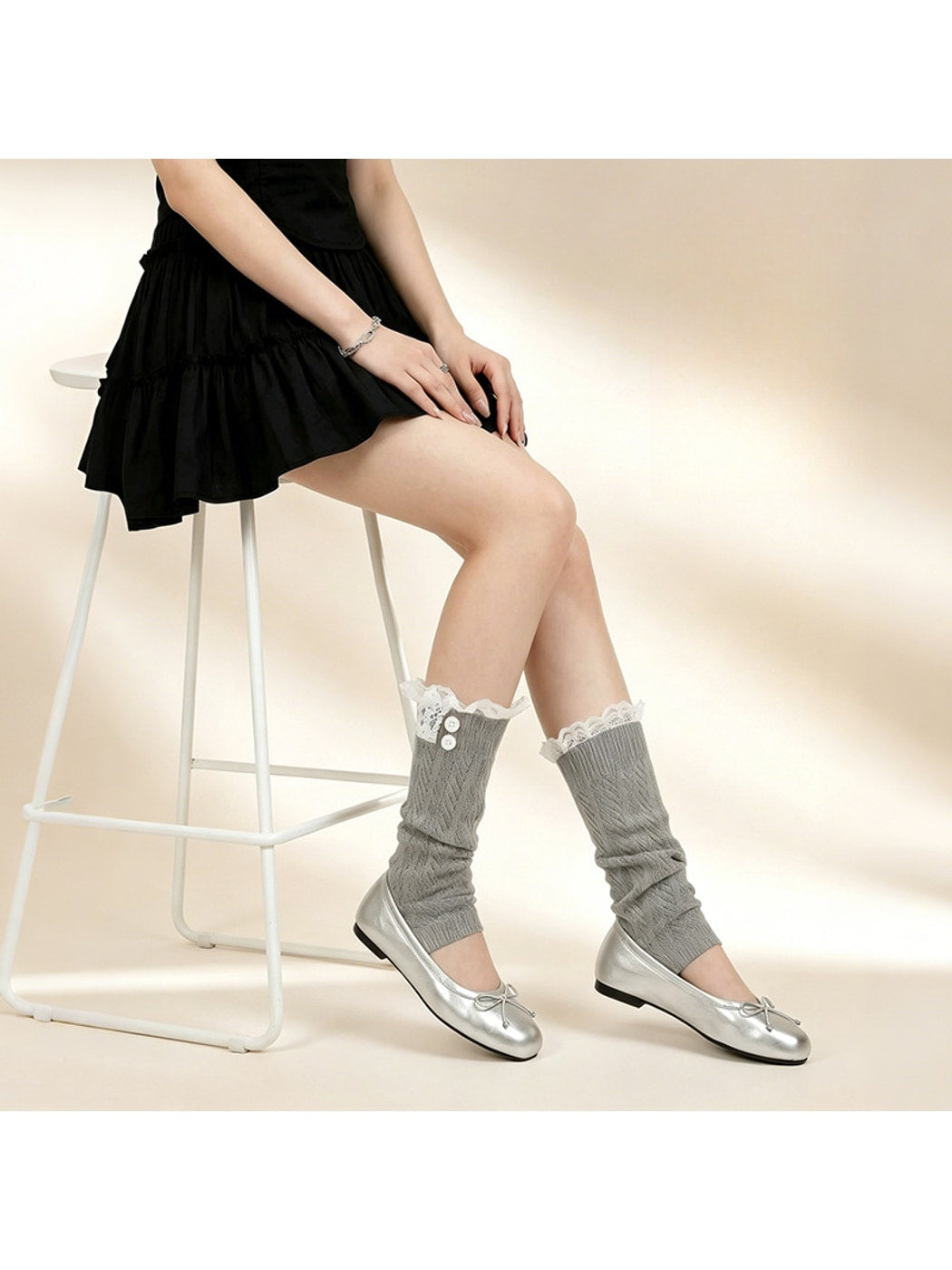 Cozyra - Lace-Trim Cable-Knit Button Leg Warmers