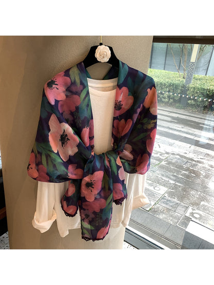 Scarvii - Dark Floral Print Long Shawl Scarf