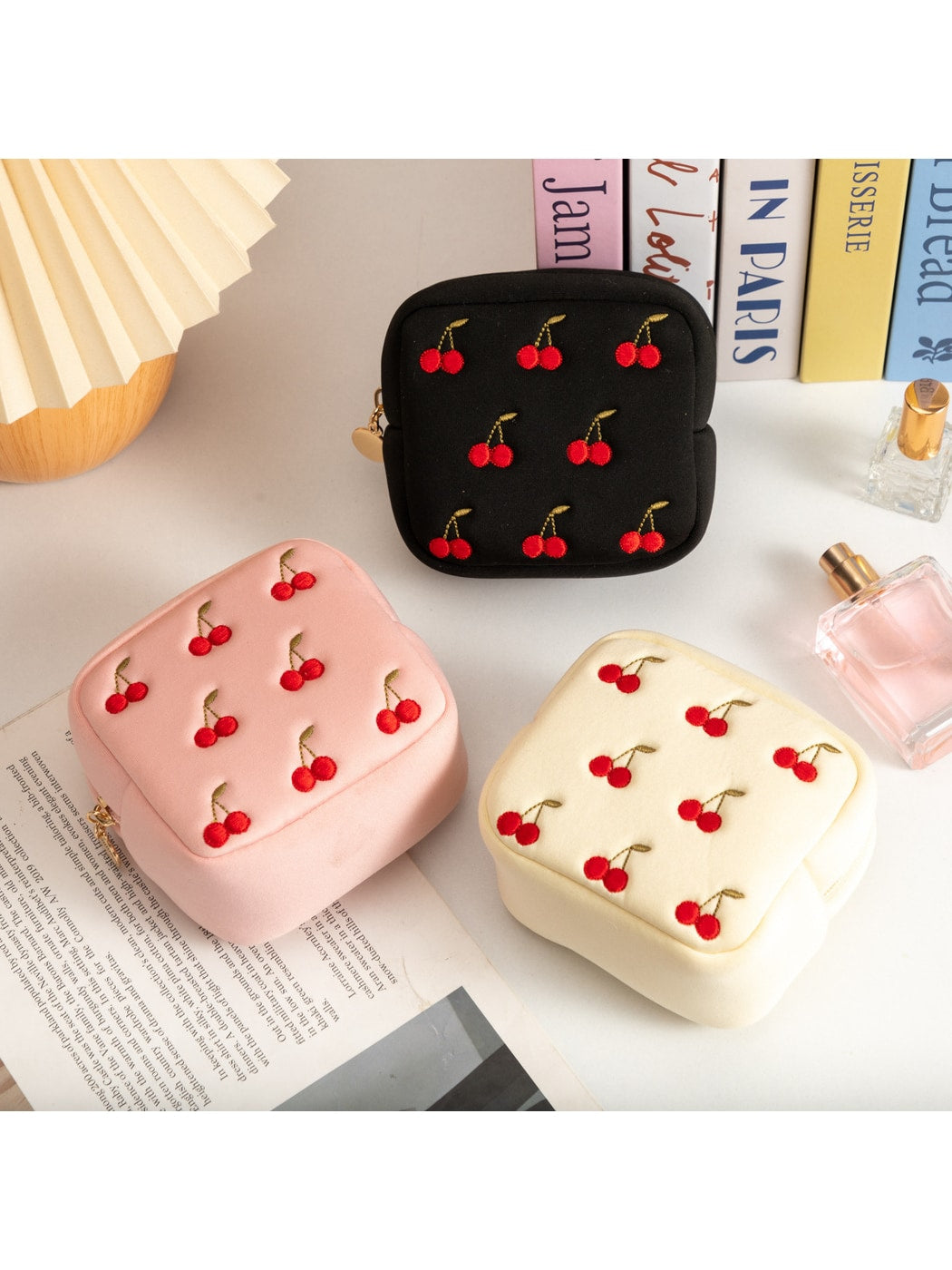 Cosbai - Embroidered Cherry Cosmetic Organizer Bag