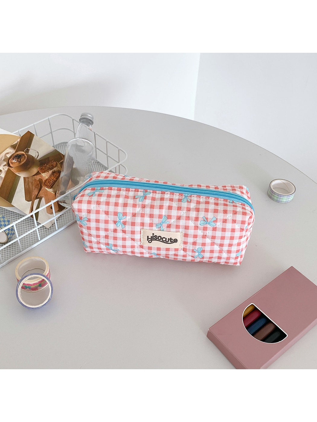 Cosbai - Plaid Bow Print Zipper Makeup Pouch Bag