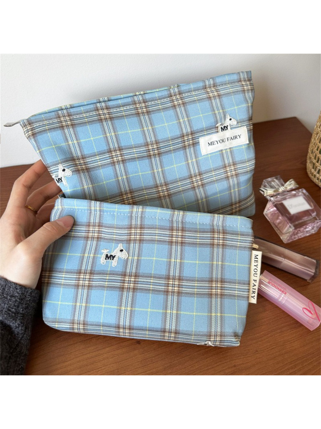 Top view of Cosbai Classic Plaid Travel Cosmetic Pouch partially open