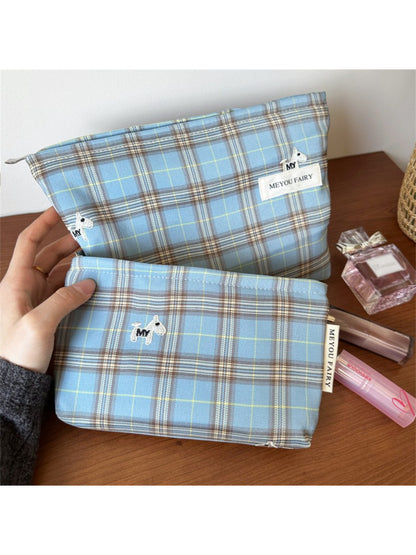 Top view of Cosbai Classic Plaid Travel Cosmetic Pouch partially open