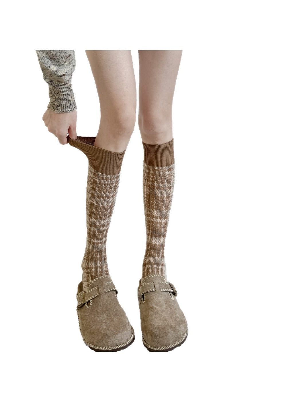 Rufia - Knitted Plaid Mid-Calf Socks for Women