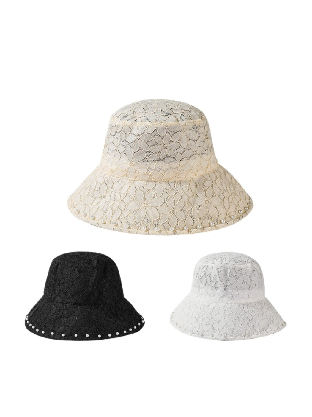 Haila floral lace bucket hat in white, showing front view with detailed lace pattern