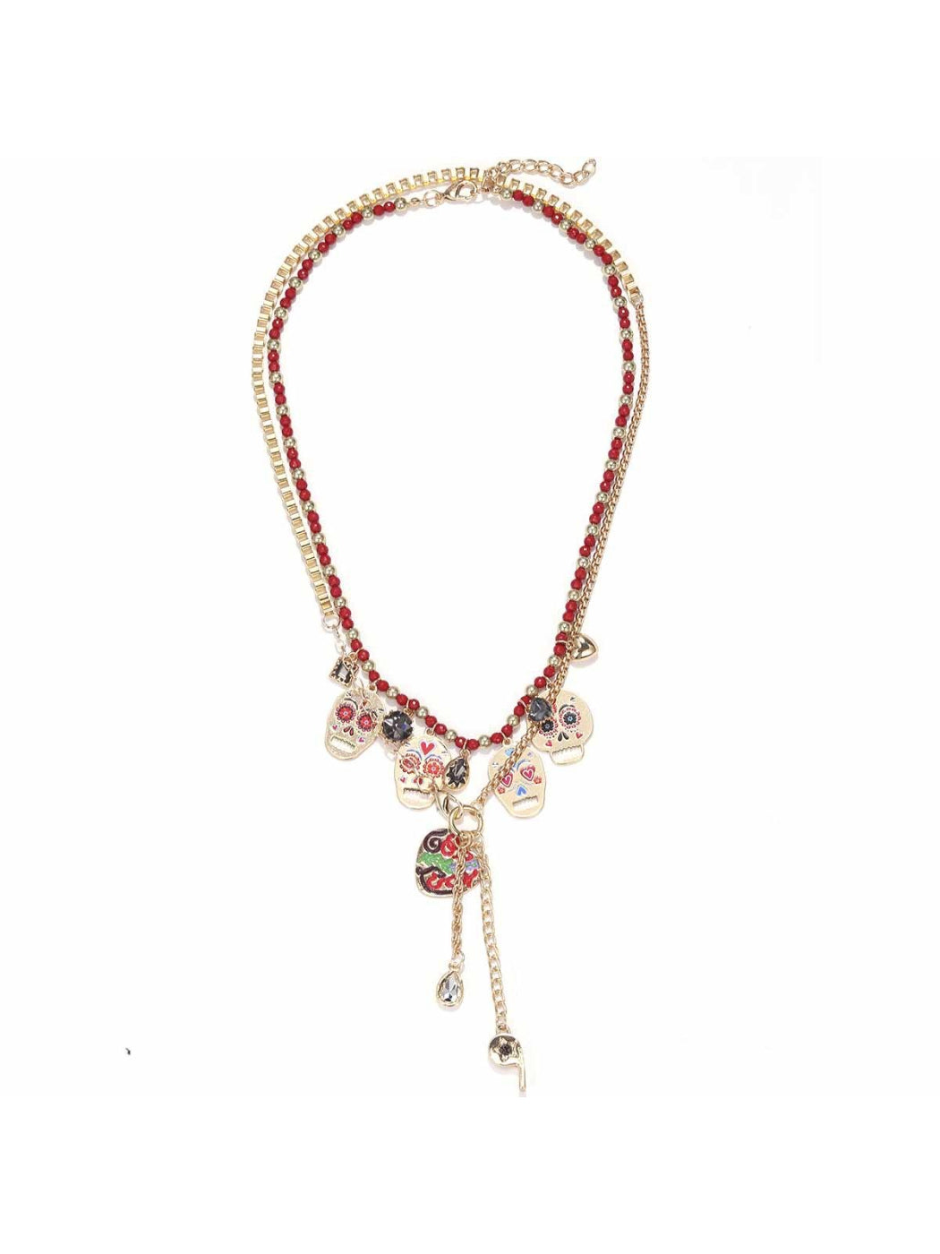Side view of Neckit skull charm layered necklace with red beads on a plain backdrop
