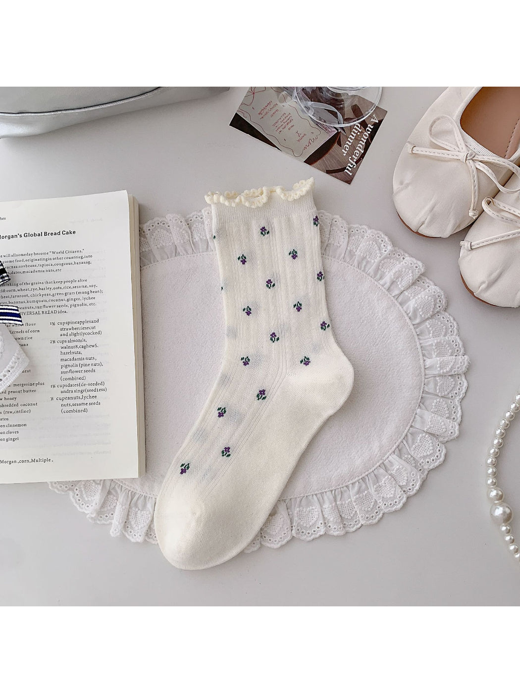 Rufia - Sweet Floral Ruffle Scrunch Mid-Calf Socks