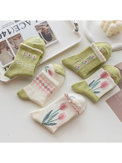 Rufia - Floral Ruffle Cuff Casual Crew Socks