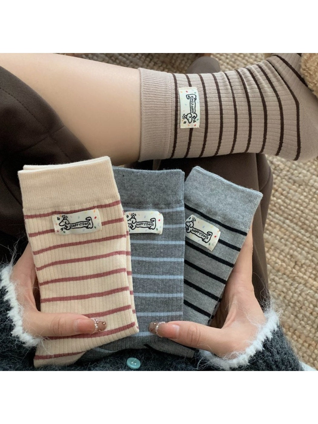 Rufia - Striped Cartoon Puppy Label Casual Crew Socks