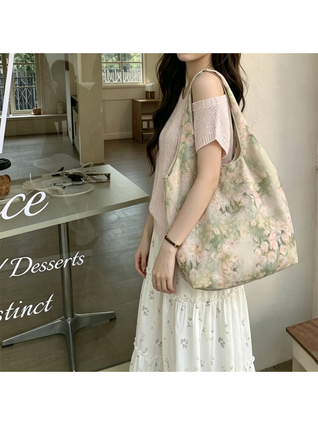 Top view of Cosbai vintage floral painting hobo bag showing and strap attachment