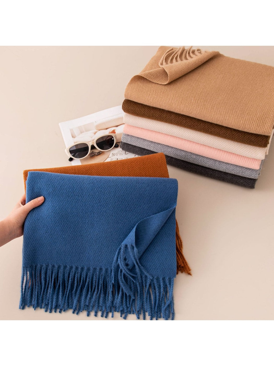 Scarvii - Classic Tassel Trim Solid Color Wrap Scarf