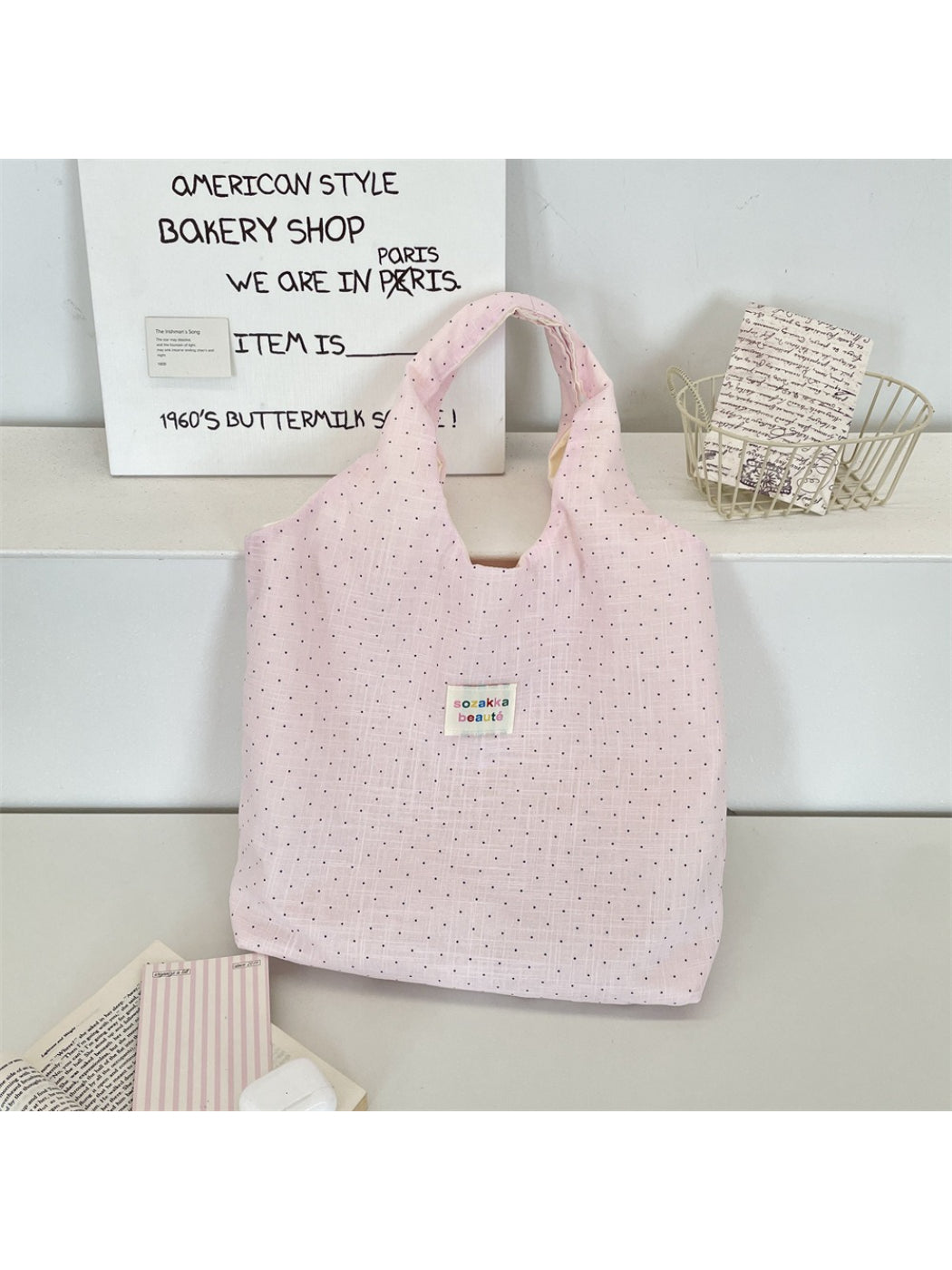 Cosbai soft polka dot shoulder tote bag displayed flat highlighting fabric texture