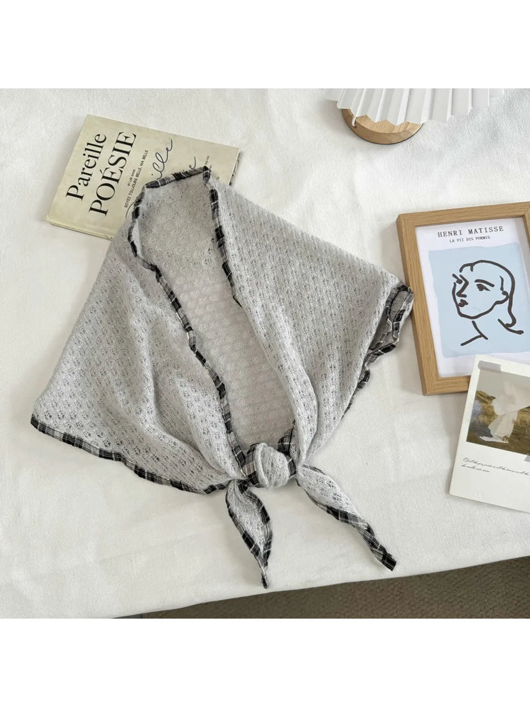 Scarvii - Plaid-Trim Openwork Triangle Scarf