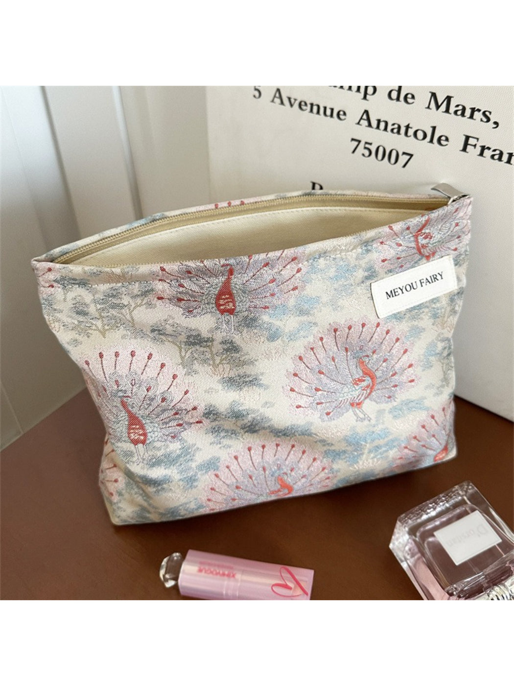 Cosbai Classic Peacock Travel Pouch shown open with spacious interior