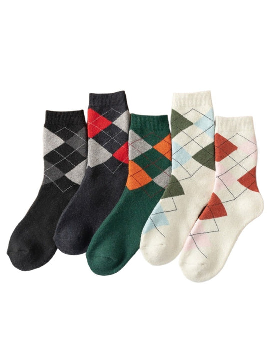 Rufia - Retro Plaid Thick Mid-Calf Winter Socks - 5 Pairs/Pack