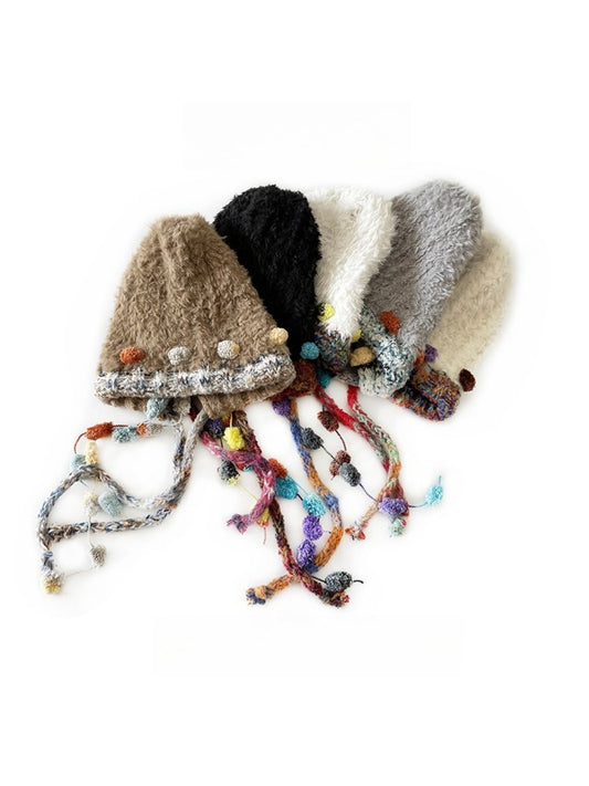 Haila - Winter Knitted Beanie with Pompom & Tassel Braids