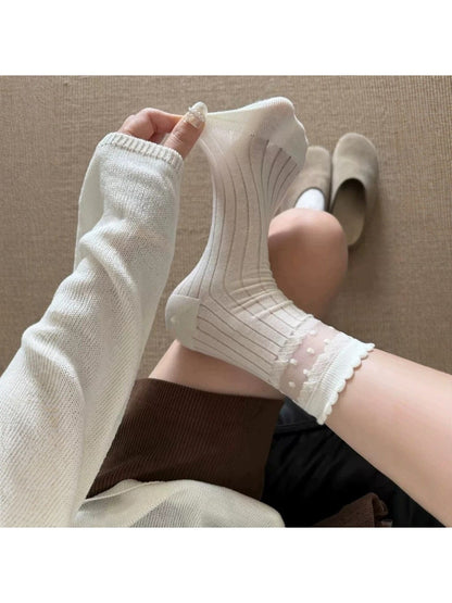 Rufia - Muted Polka Dot Ruffle Trim Crew Socks