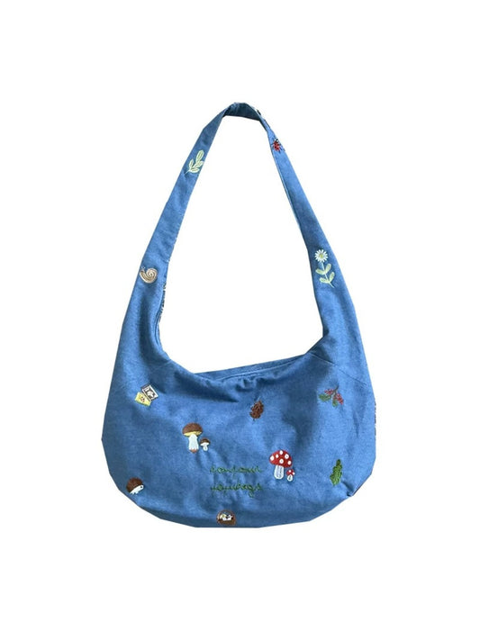 Cosbai – Embroidered Denim Shoulder Tote Bag