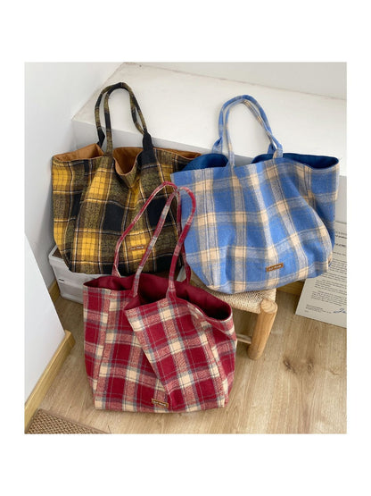 Cosbai – Dual-Side Tote Bag with Plaid Pattern