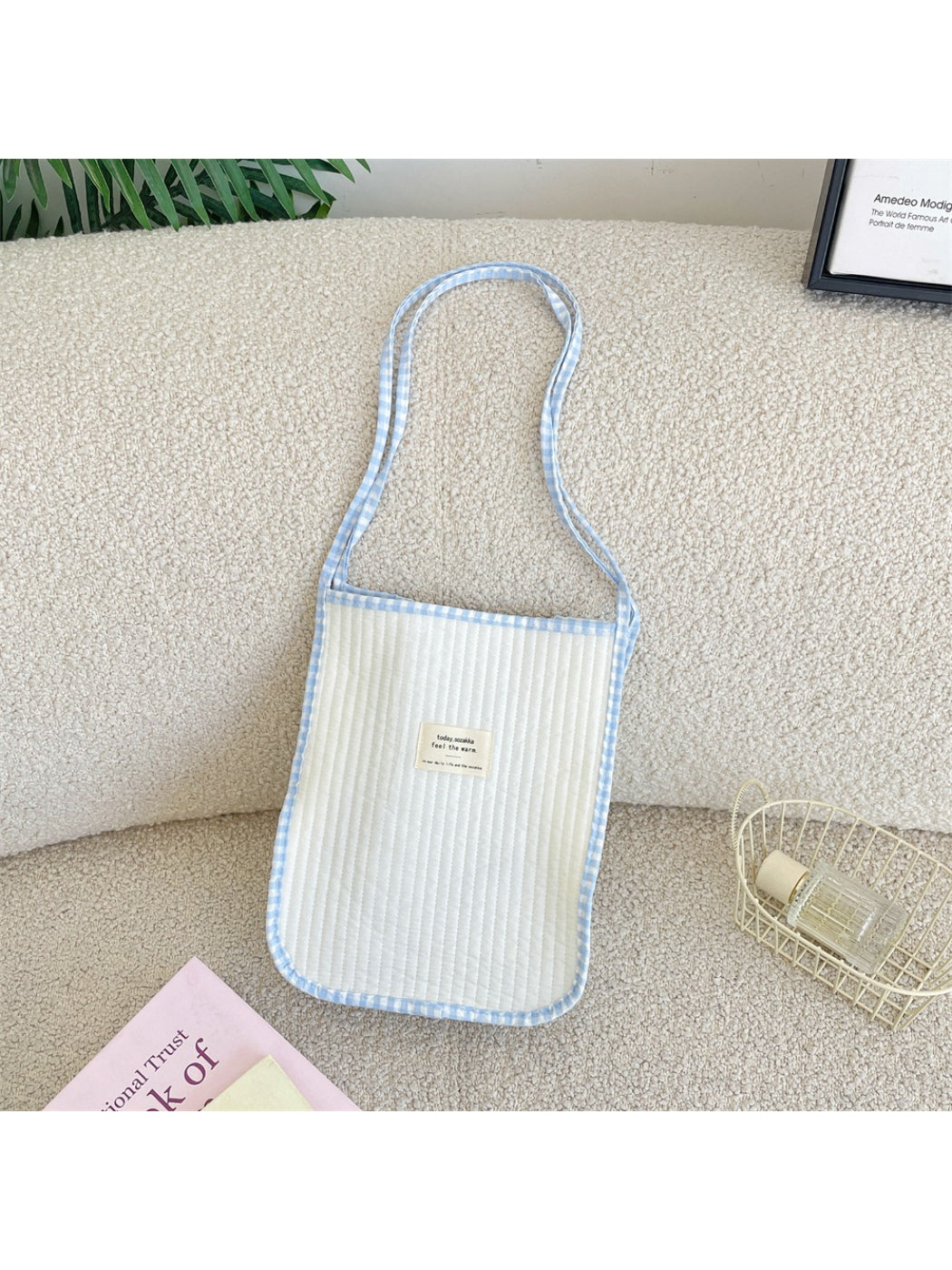 Close-up of gingham trim detail on Cosbai Soft Tote Bag handle