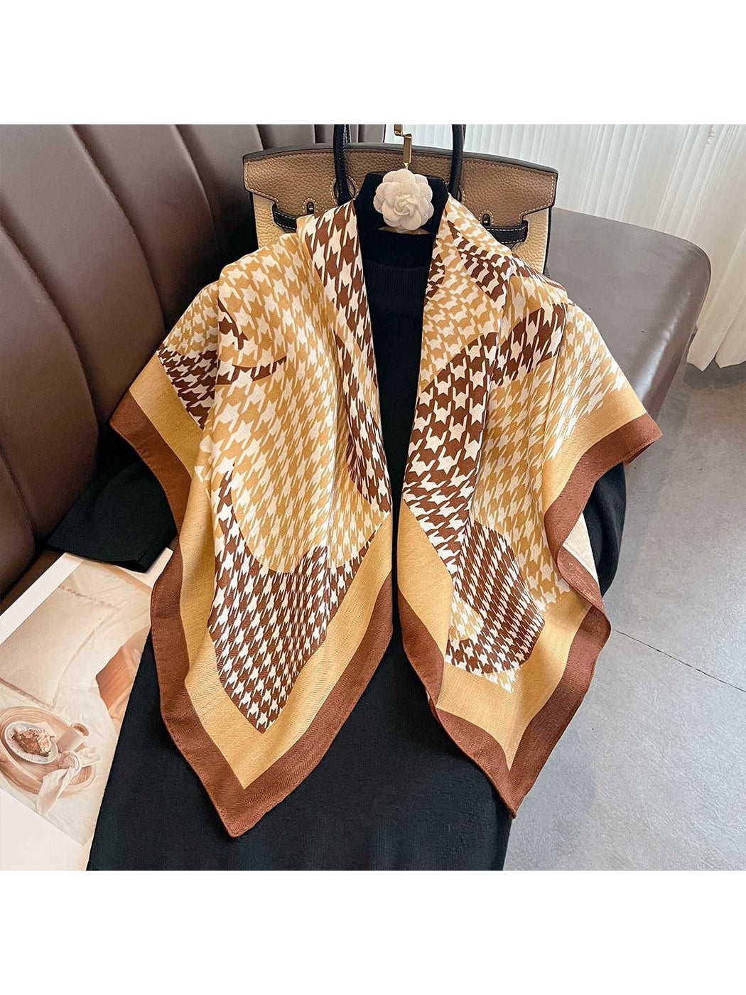 Scarvii - Printed Houndstooth Border Square Scarf