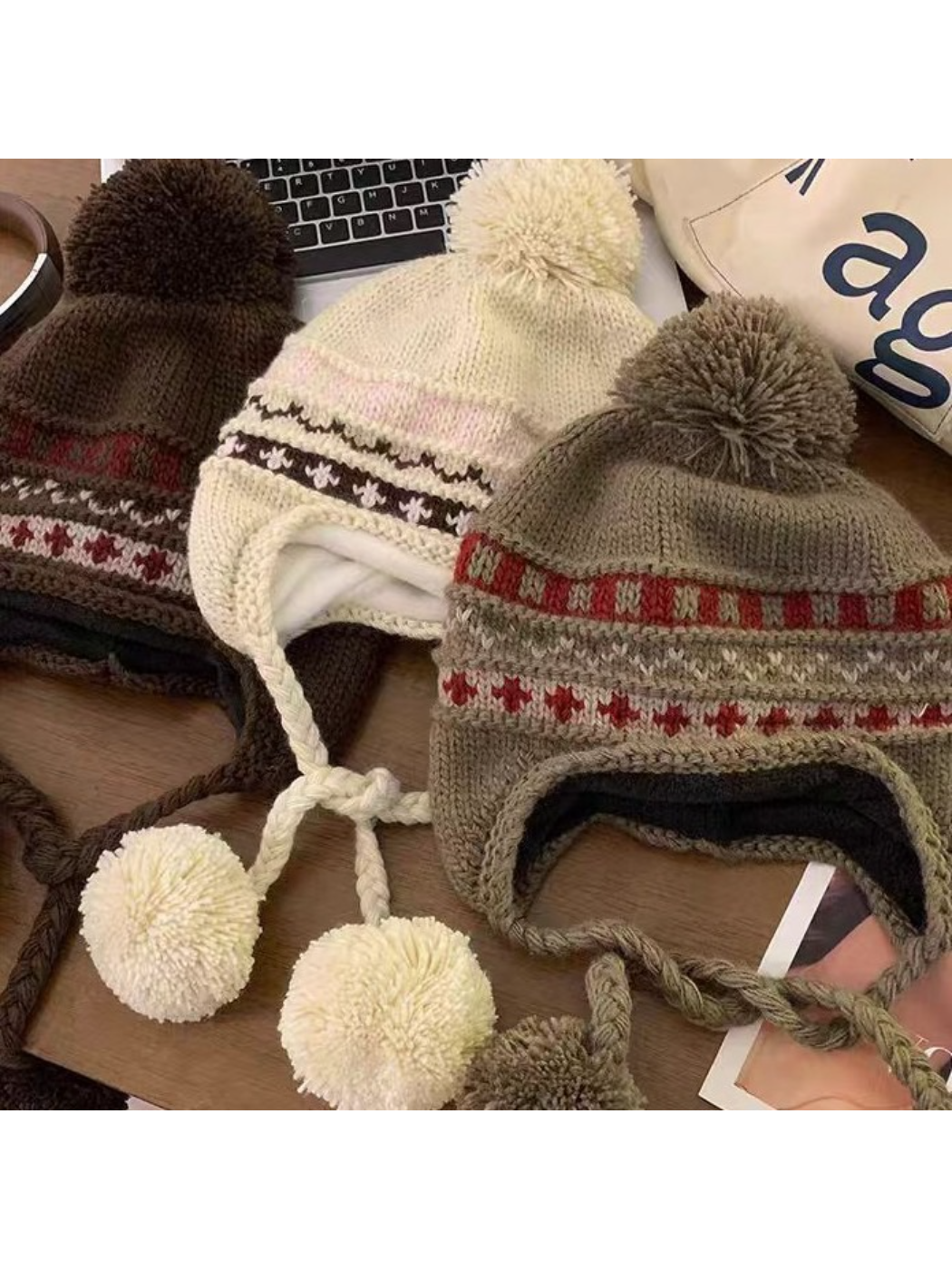 Haila - Fair Isle Pompom Earflap Beanie