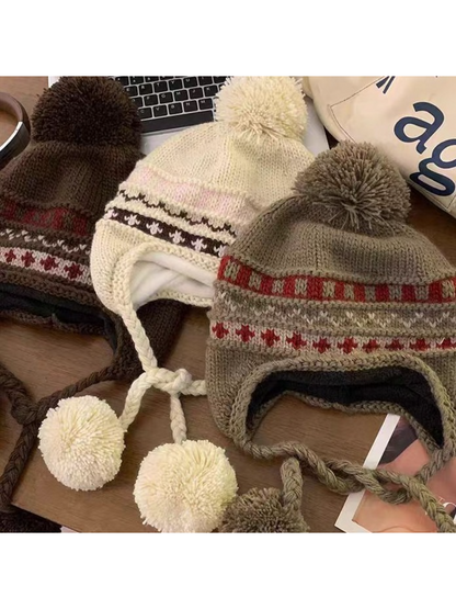 Haila - Fair Isle Pompom Earflap Beanie