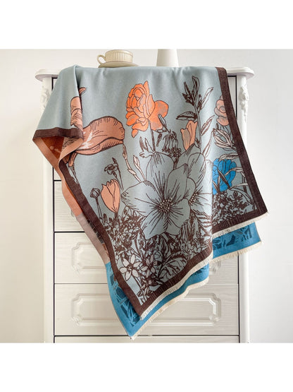 Scarvii - Contrast-Border Botanical Fringed Shawl