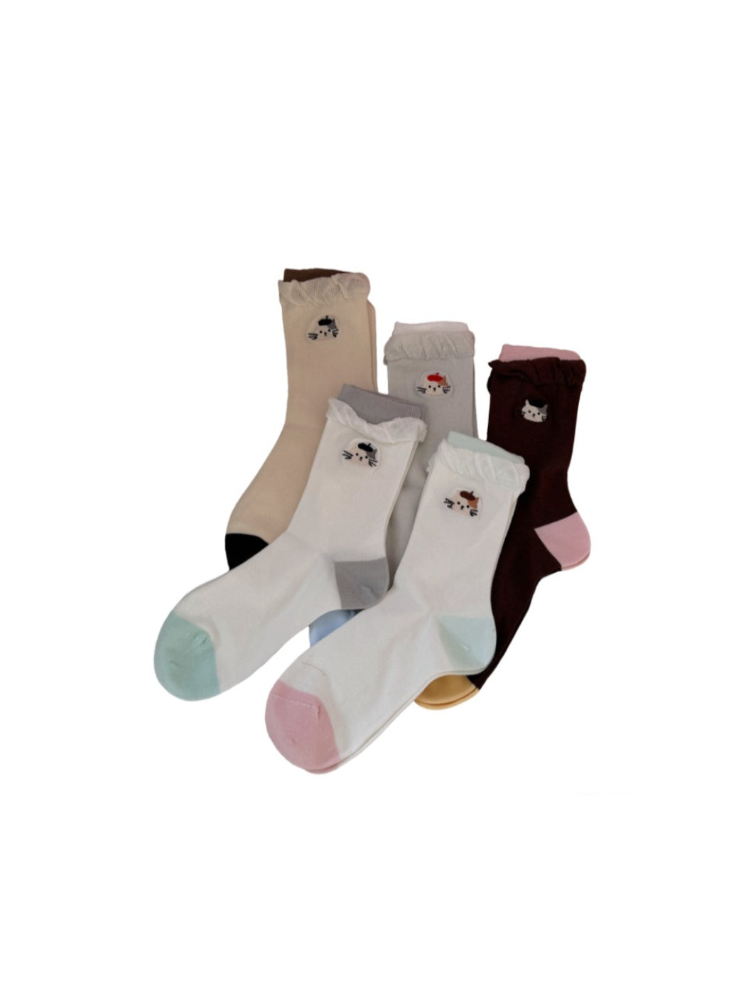 Side view of white socks featuring twisted cuff and black cat design