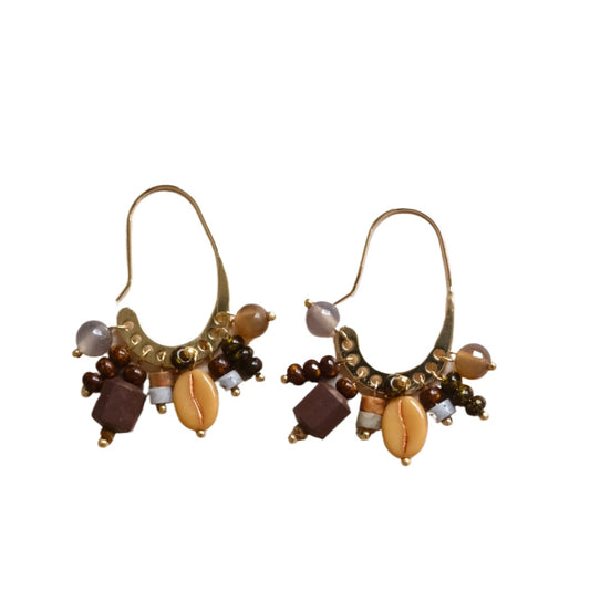 Earwish - Boho Brown Beaded C-Hoop Earrings - Vintage & Chic