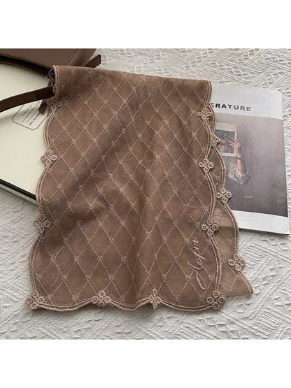 Scarvii - Embroidered Trim Lace Plaid Scarf
