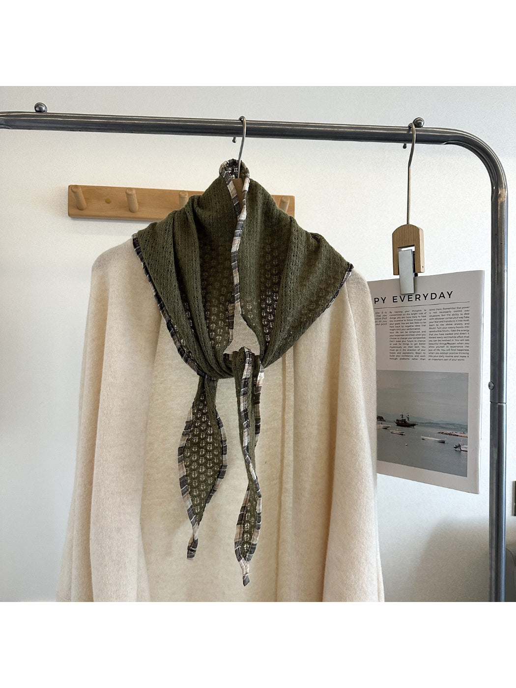 Scarvii - Open Knit Check Trim Triangle Scarf