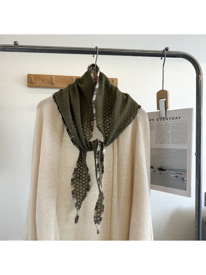 Scarvii - Open Knit Check Trim Triangle Scarf