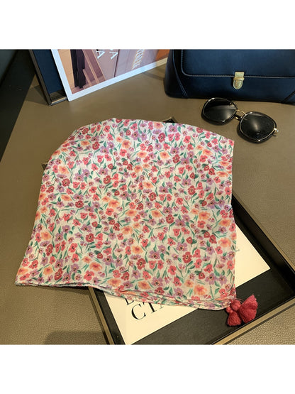 Scarvii - Floral Print Tassel Design Square Scarf