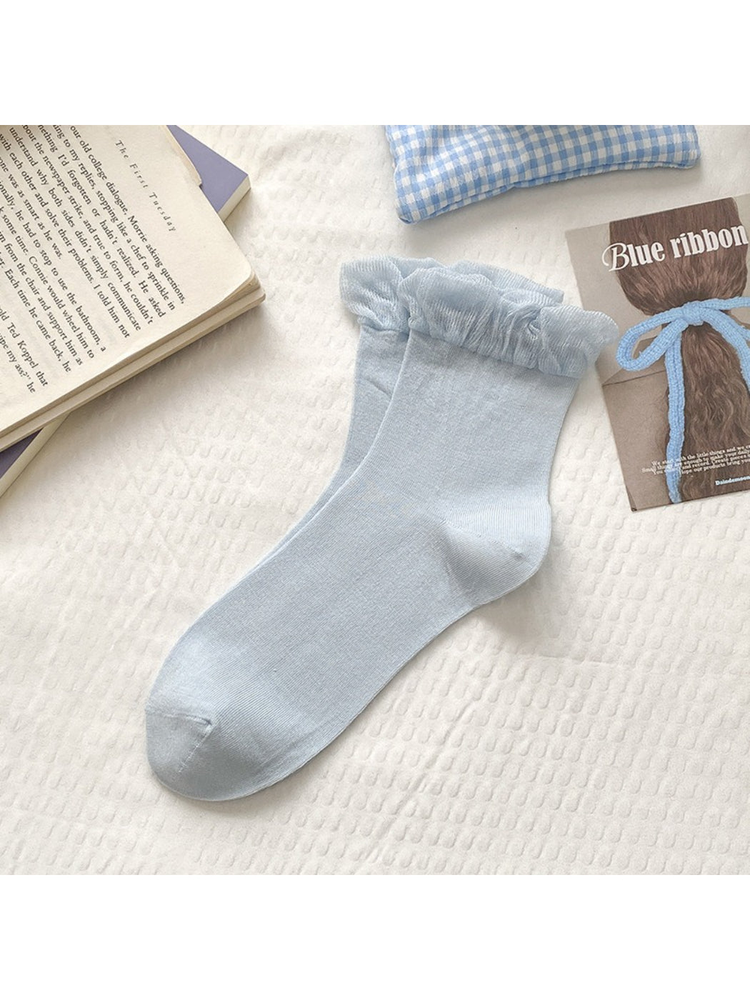 Rufia soft frill trim crew socks styled with casual outfit on model