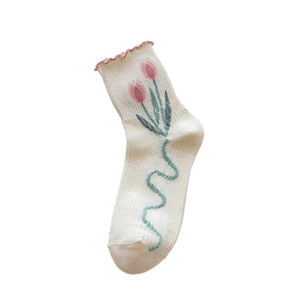 Rufia - Women's Floral Tulip Mid-Calf Socks - Green / White