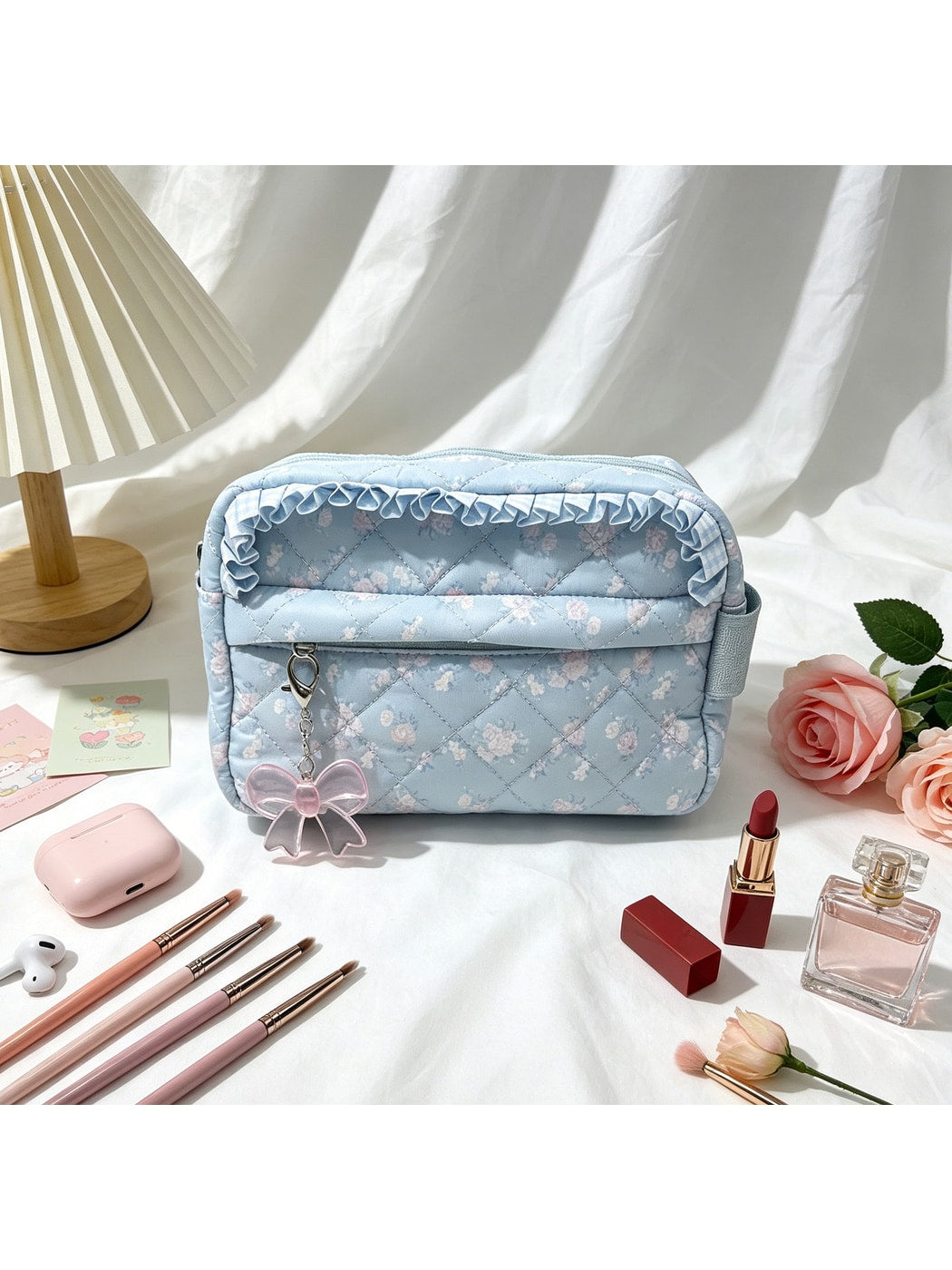 Cosbai - Ruffle Trim Floral Cosmetic Organizer Bag