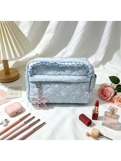 Cosbai - Ruffle Trim Floral Cosmetic Organizer Bag