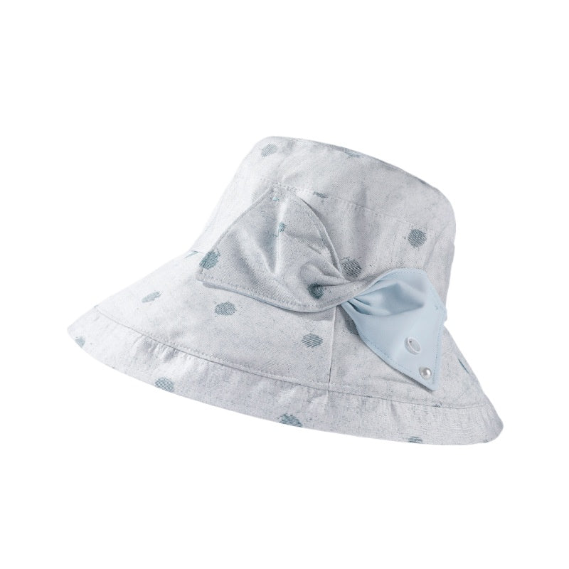 Top view of Haila polka dot bow brim hat showing circular brim shape