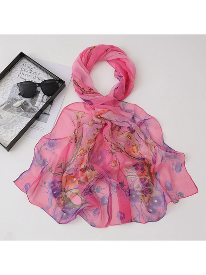 Scarvii - Floral Branch Print Sheer Long Scarf