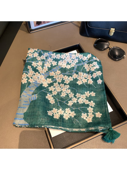 Scarvii - Dark Green Blossom Tree Print Square Scarf